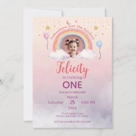 Colorful Pastel Rainbow Girl Birthday Photo Inbjudningar