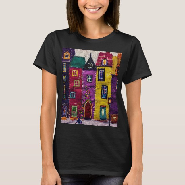 Colorful Patchwork Houses Textile Art T Shirt (Framsida)