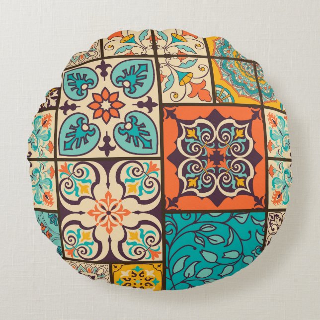 Colorful Patchwork Islamic Majolica Tile Rund Kudde (Framsidan)