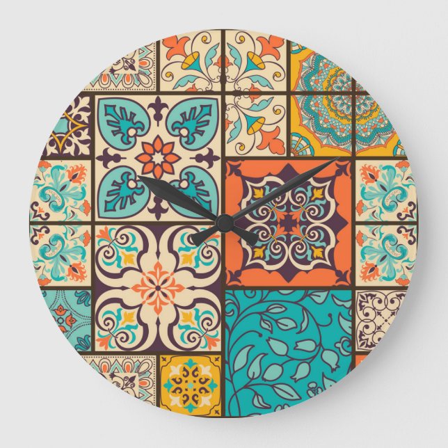 Colorful Patchwork Islamic Majolica Tile Stor Klocka (Framsida)