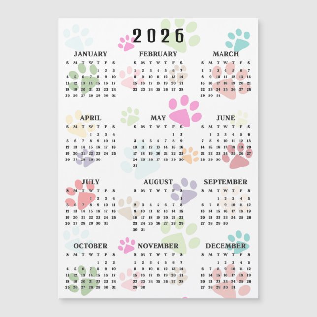 Colorful Paw Prints 2026 Calendar Magnetic Card (Framsida)