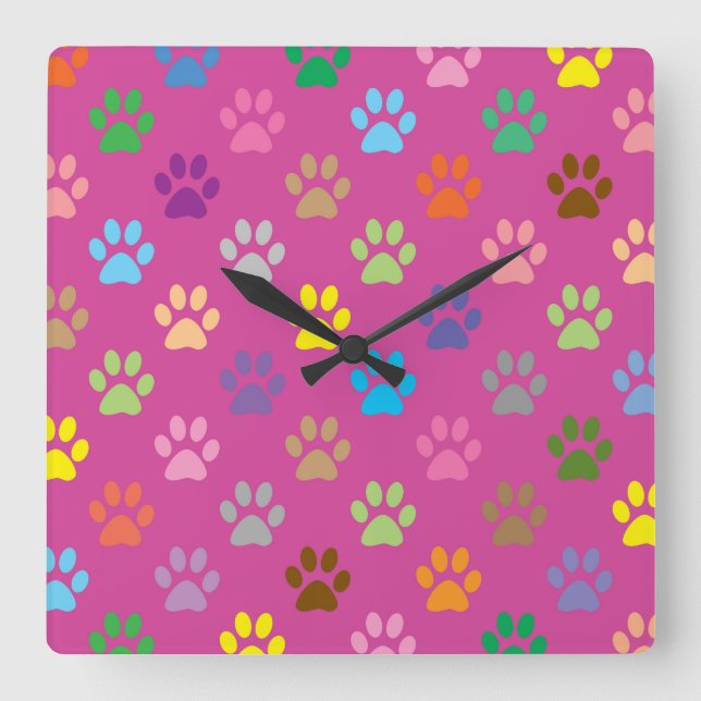 Colorful paw prints pattern  fyrkantig klocka (Framsida)