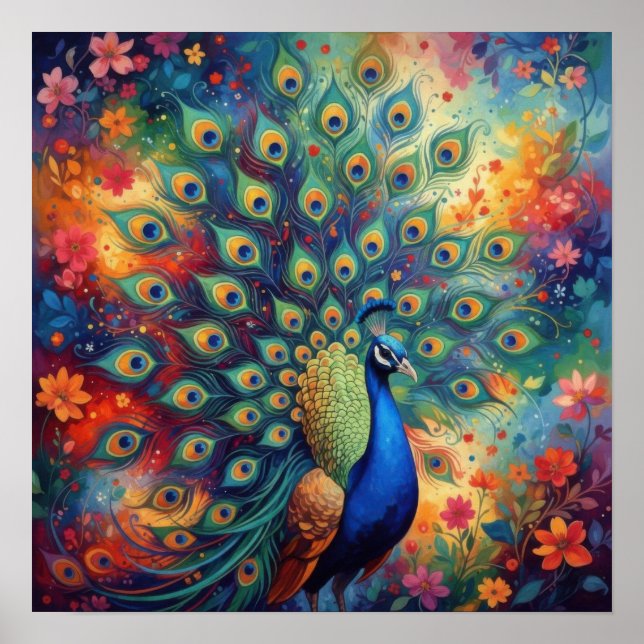 Colorful Peacock Feathers and Flowers Poster (Framsidan)
