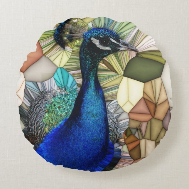Colorful Peacock Mosaic Round Cushion Rund Kudde (Framsidan)
