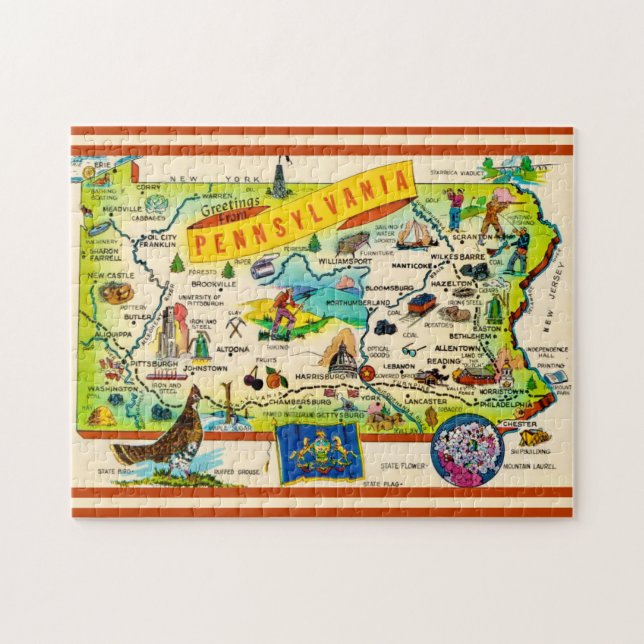 Colorful Pennsylvania 11x14 Map Puzzle Pussel (Horisontell)