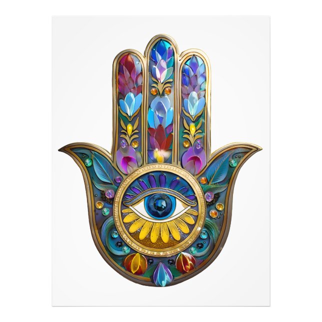 Colorful Petals Leaves Hamsa Sapphire Third Eye Fototryck (Framsidan)