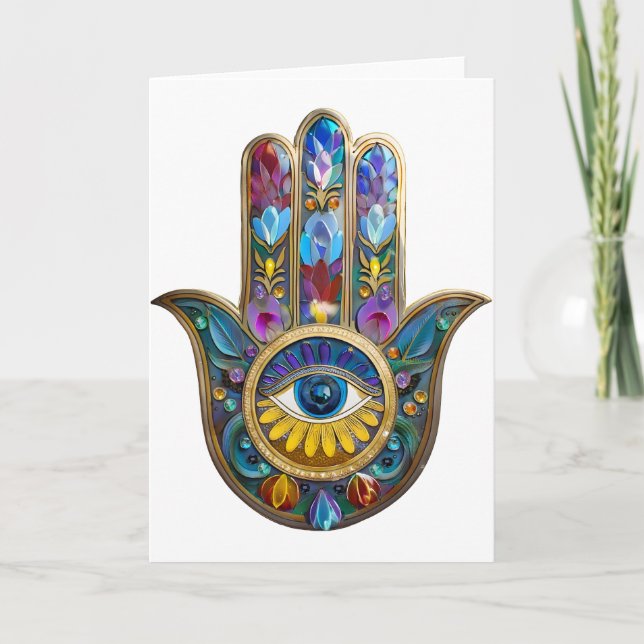 Colorful Petals Leaves Hamsa Sapphire Third Eye Kort (Framsida)