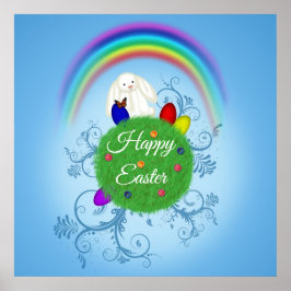 Colorful Planet & Rainbow Cute Bunny Happy Easter Poster