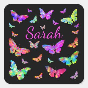 Colorful Psychedelic Butterfly Art Sarah Add Namn Fyrkantigt Klistermärke