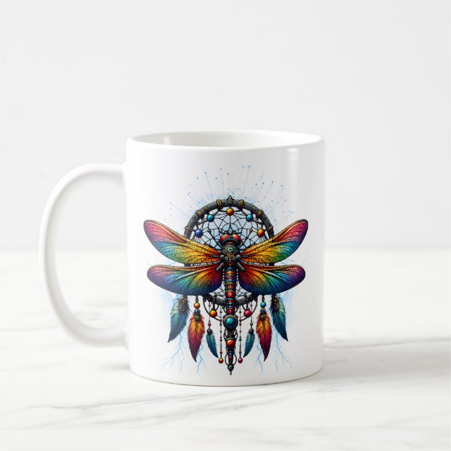 Colorful Psychedelic Dragonfly Dreamcatcher Boho Kaffemugg (Vänster)