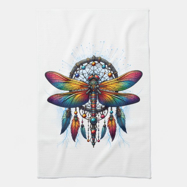 Colorful Psychedelic Dragonfly Dreamcatcher Boho Kökshandduk (Vertikal)