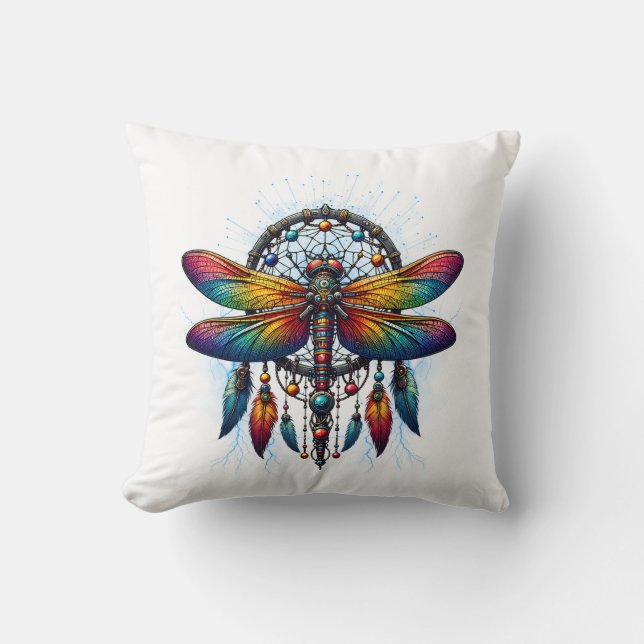 Colorful Psychedelic Dragonfly Dreamcatcher Boho Kudde (Framsida)