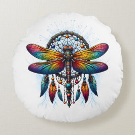 Colorful Psychedelic Dragonfly Dreamcatcher Boho Rund Kudde