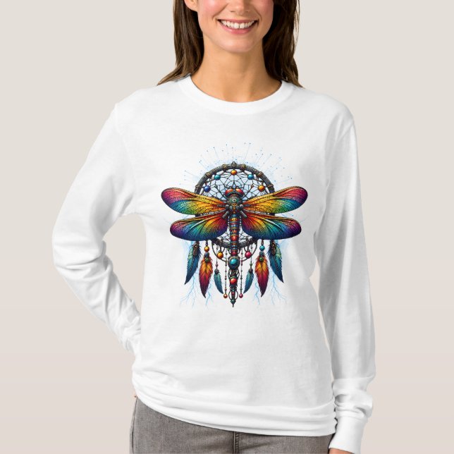Colorful Psychedelic Dragonfly Dreamcatcher Boho T Shirt (Framsida)