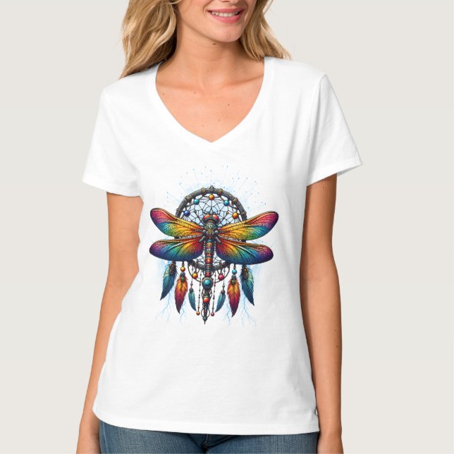 Colorful Psychedelic Dragonfly Dreamcatcher Boho T Shirt (Framsida)