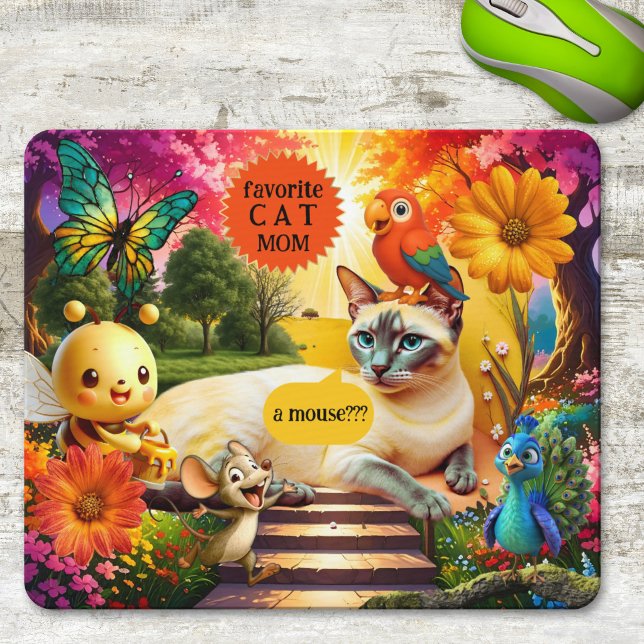 Colorful Psychedelic Funny Cat and Mouse Musmatta (Mouse pad featuring a funny psychedelic design featuring a cat surrounded by various animal friends)