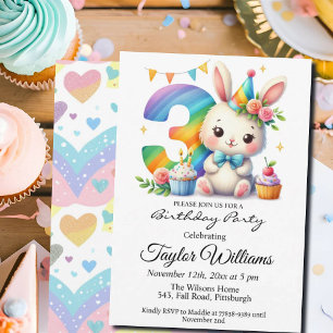 Colorful Rainbow and Bunny 3rd Birthday Party Inbjudningar