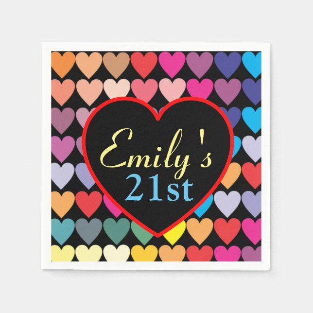 Colorful Rainbow Hearts Personalised 21st Pappersservett (Framsidan)