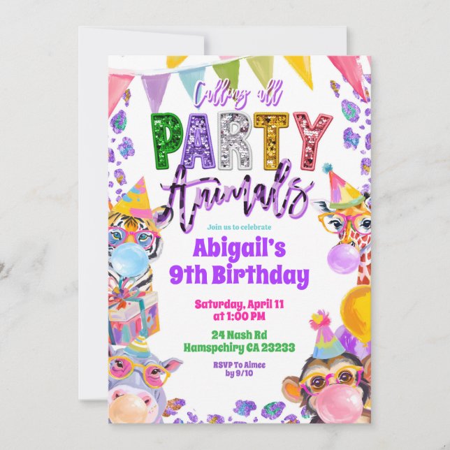 Colorful Rainbow Sequin Glitter Safari Birthday Inbjudningar (Framsida)