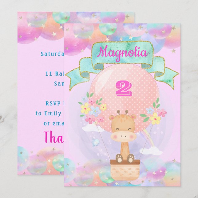 Colorful Rainbow Unicorn Luftballong Giraffe Inbjudningar (Fram/baksida)