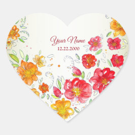 Colorful Red Yellow Pink Floral Wedding Party Hjärtformat Klistermärke