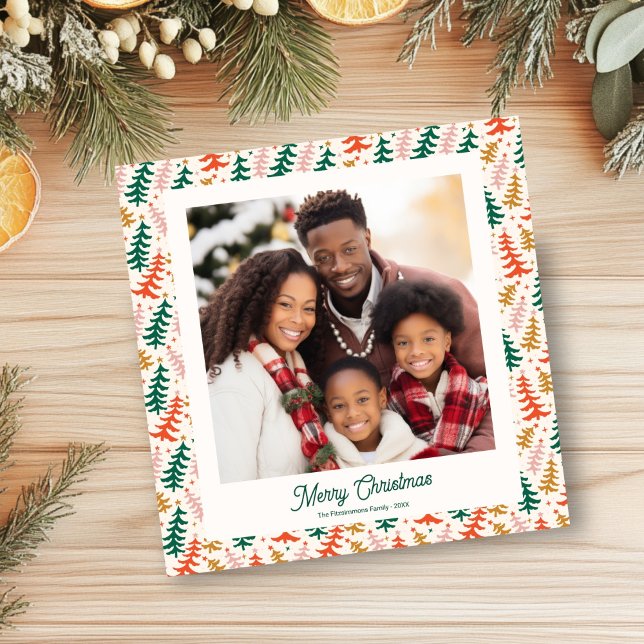Colorful Retro Christmas Tree Photo Card Julkort (Groovy Retro Christmas Tree Holiday Square Card)