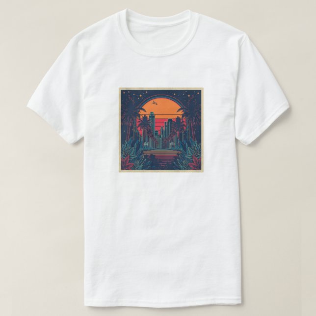 Colorful Retro Futuristic Doodle Style Skyline T Shirt (Design framsida)