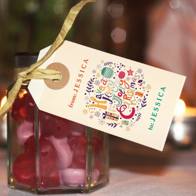 Colorful Retro Holly Jolly jul Presentetikett (Skapare uppladdad)