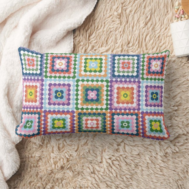 Colorful Retro Mid-Century Mid-Mod Crochet Blossom Lumbarkudde (Filt)