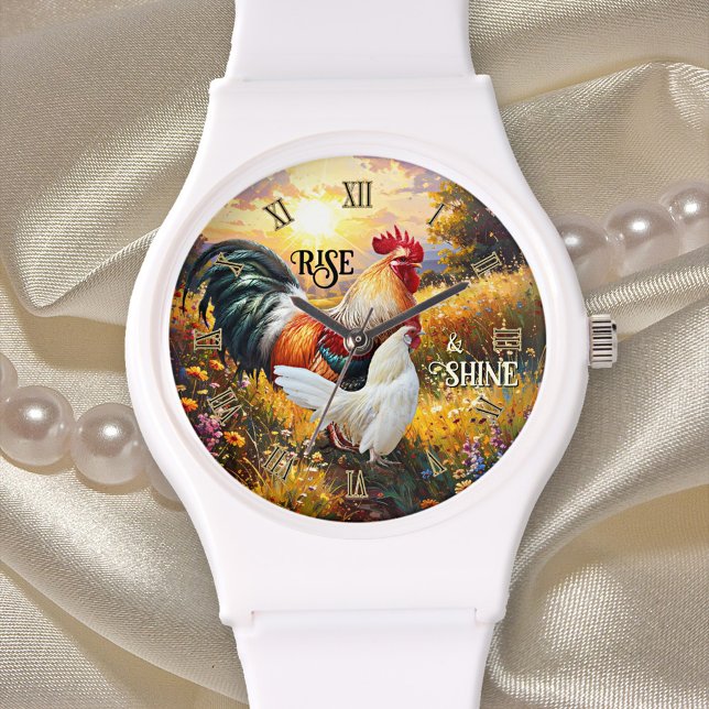 Colorful Rise and Shine Rooster Armbandsur (Rise and shine watch featuring a colorful painting of two roosters at sunrise)