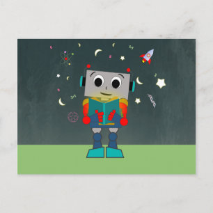 Colorful Robot Reading Bok Vykort