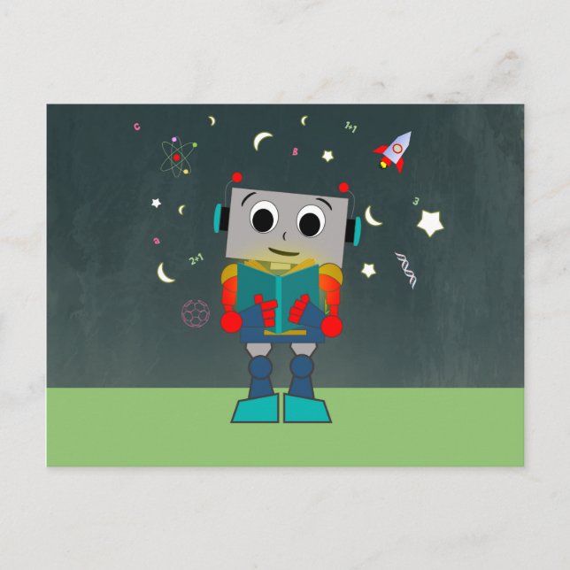 Colorful Robot Reading Bok Vykort (Framsida)