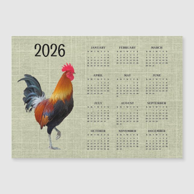 Colorful Rooster 2026 Calendar Magnetic Card (Framsida)