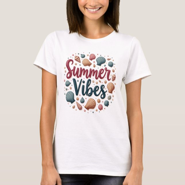 Colorful Seashell Collage "Summer Vibes" Tee (Framsida)