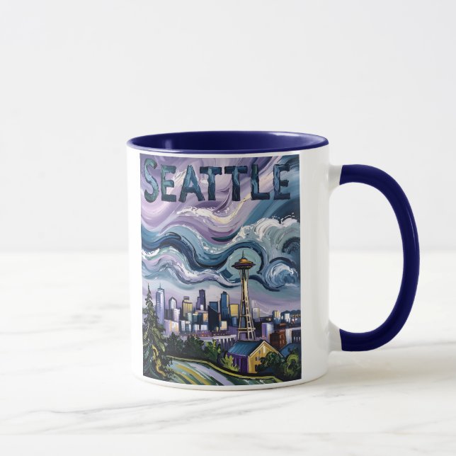 Colorful Seattle Skyline Van Gogh Cityscape Travel Mugg (Höger)