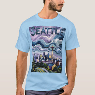 Colorful Seattle Skyline Van Gogh Painting Travel T Shirt