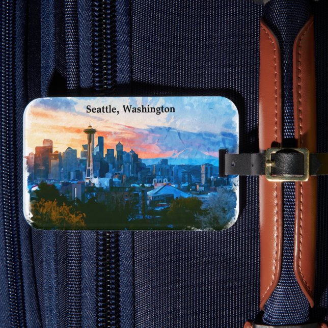 Colorful Seattle Washington Skyline Bagagebricka (Framsida Insitu 4)
