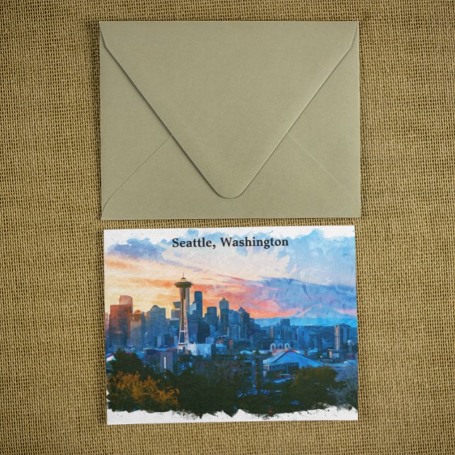 Colorful Seattle Washington Skyline Vykort (Seattle Washington City View Postcard)