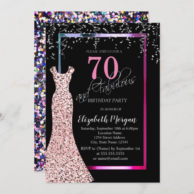 Colorful Sequins Rose Gold Dress 70th Birthday Inbjudningar (Fram/baksida)