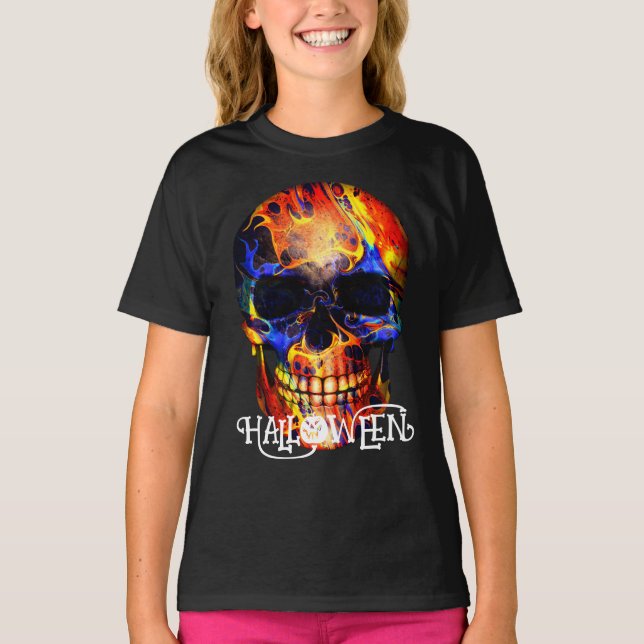 COLORFUL SKULL SKELETON HAPPY HALLOWEEN APPAREL T SHIRT (Framsida)