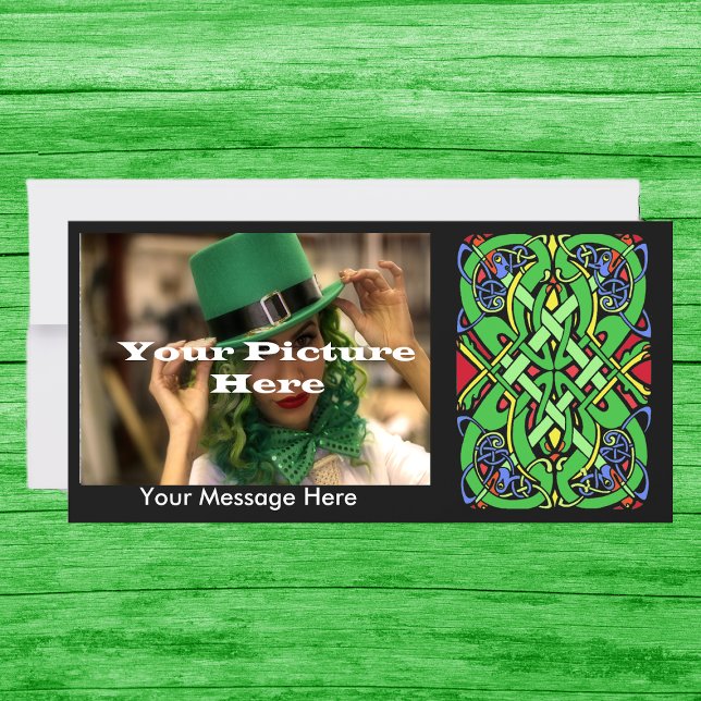 Colorful Snake Celtic Knot (Black photo greeting card with ornate Irish Celtic knot design.  Customize text and your own photo.)