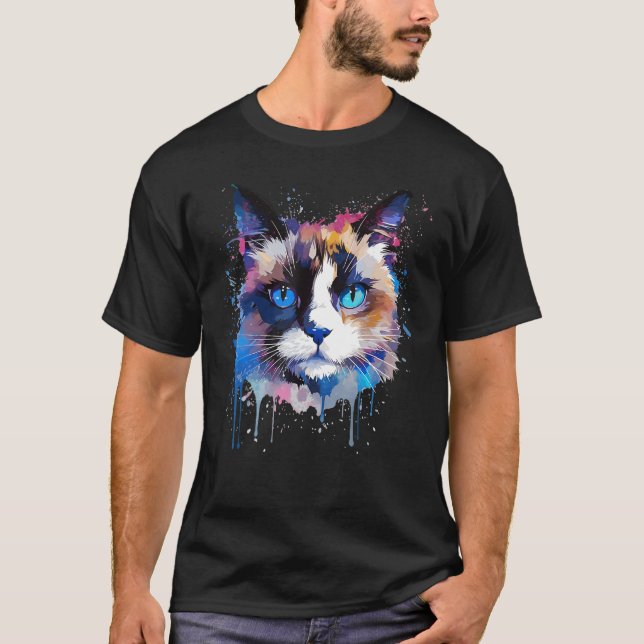 Colorful Snowshoe Cat Face Splash Art T Shirt (Framsida)