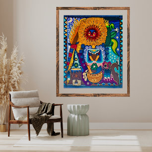 Colorful Sol Huichol Boho Mexican Art Poster