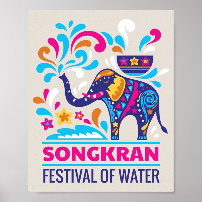Colorful Songkran Festival Elephant Vatten Poster (Framsidan)
