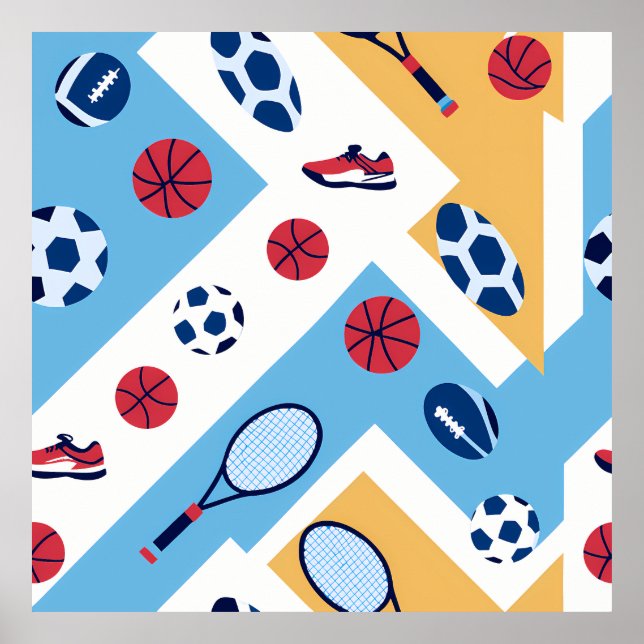Colorful Sports Pattern – Balls, Rackets & Sneaker Poster (Framsidan)