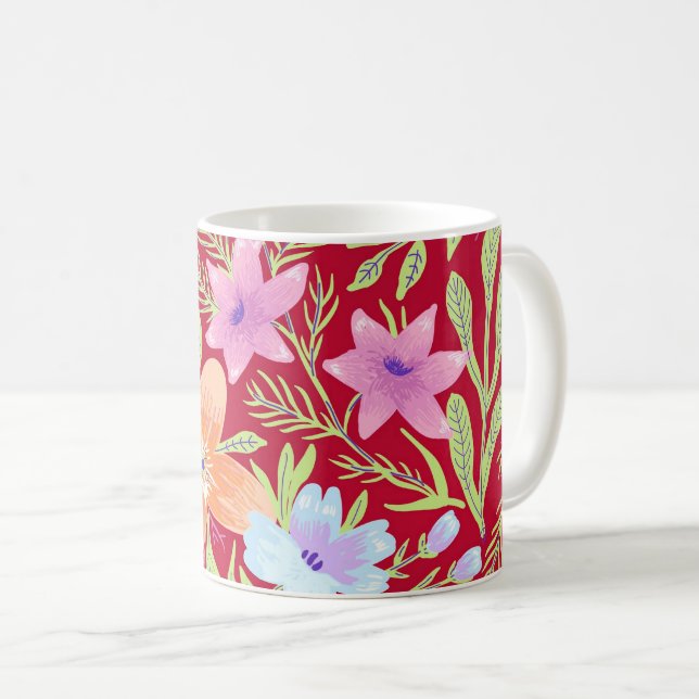 Colorful springtime flower pattern, raspberry pink kaffemugg (Framsida höger)