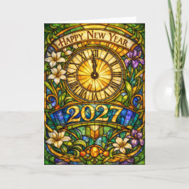Colorful Stained Glass Floral New Year 2027 Helgkort