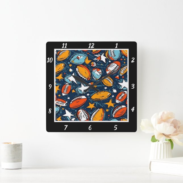 Colorful Star Football  Fyrkantig Klocka (Hem)