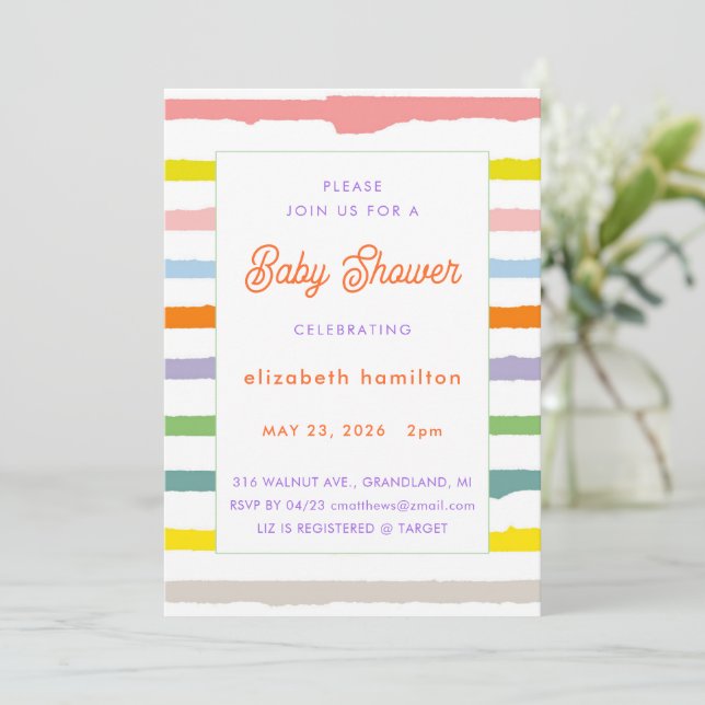 Colorful Stripes Baby Shower Invitation Inbjudningar (Stående Fram)