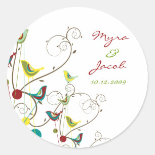 Colorful Summer Birds Swirls Chic Bröllop Sticker Runt Klistermärke